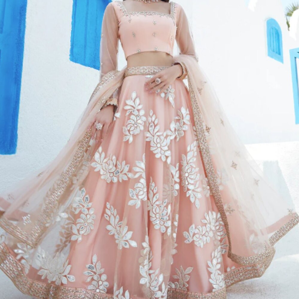 Petite Lashkaraa Peach Mirror Embroidered Sleeveless Lehenga